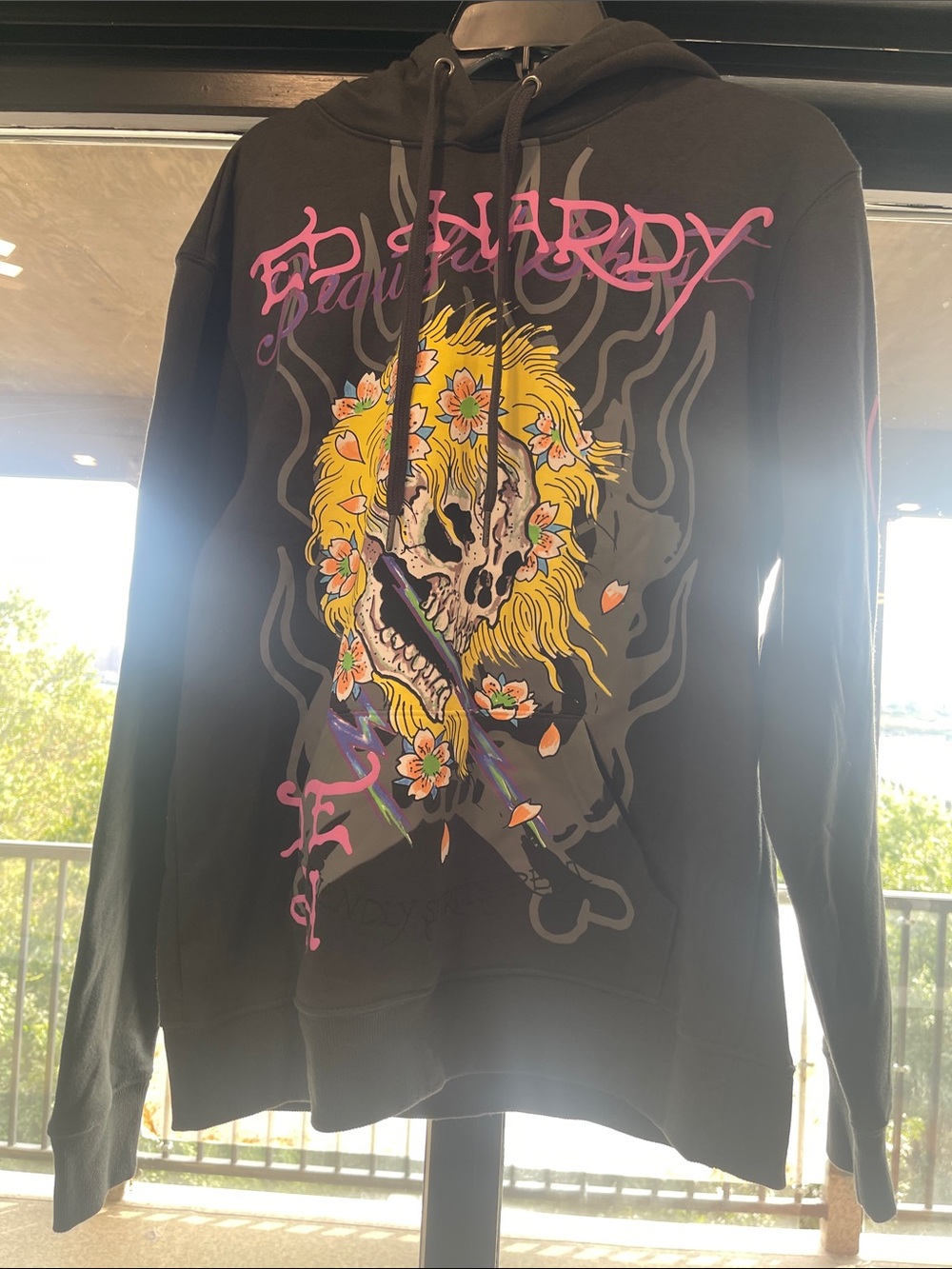 Ed Hardy Black Zip-Up Hoodie with Yellow Floral Skull Graphic
